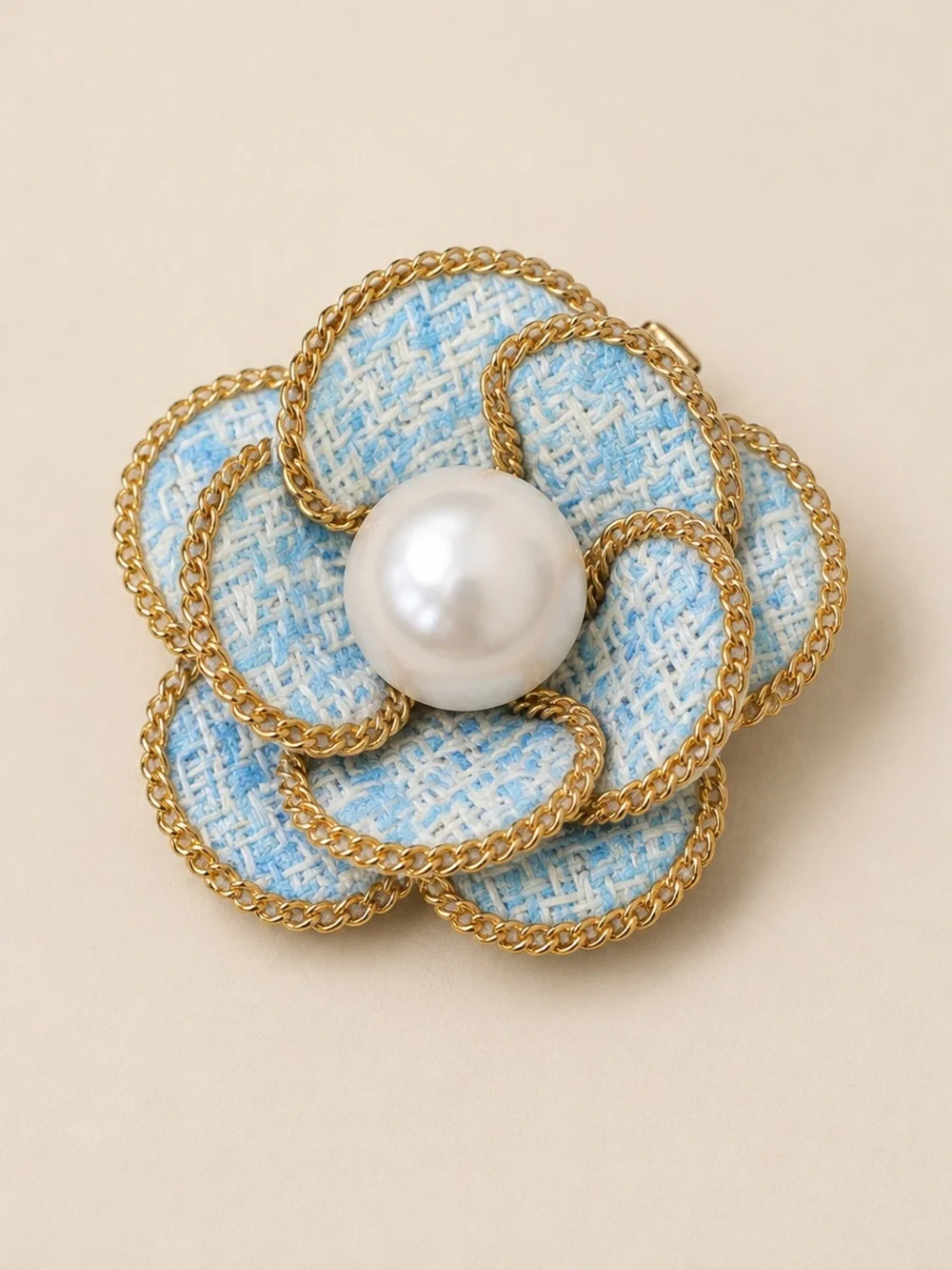 Elegant Pearl Flower Brooch Pin - Blue, Gold & White